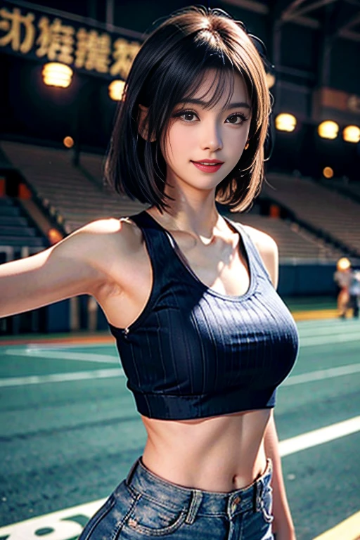 a japanese girl:1.3, short-hair, beautiful detailed eyes, beautiful detailed lips, extremely detailed eyes and face, long eyelashes, looking at camera, smile full of joy, showing teeth, showing armpits, white crop top and denim shorts:1.2, wear sneakers of the highest quality:1.4, extremely detailed CG unified 8k wallpaper, highly detailed, high-definition raw color photos, professional photography, shot from front, realistic full-body shots, photographed at the track and field of the stadium, sexy portrait of girl