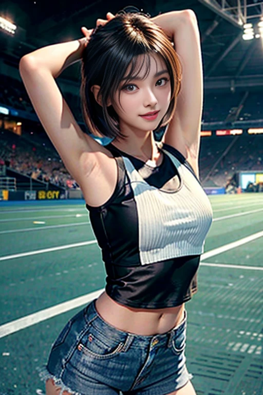 a japanese girl:1.3, short-hair, beautiful detailed eyes, beautiful detailed lips, extremely detailed eyes and face, long eyelashes, looking at camera, smile full of joy, showing teeth, showing armpits, white crop top and denim shorts:1.2, wear sneakers of the highest quality:1.4, extremely detailed CG unified 8k wallpaper, highly detailed, high-definition raw color photos, professional photography, shot from front, realistic full-body shots, photographed at the track and field of the stadium, sexy portrait of girl