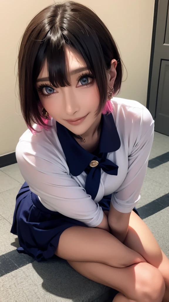 (Highest quality), Realistic, (live-action),(Short Hair,Sharp bangs)Showing off your crotch,Highest quality,Highest quality,8k images,Pink Hair,High heels,school uniform,(破れたschool uniform)Small face,((Big Breasts))