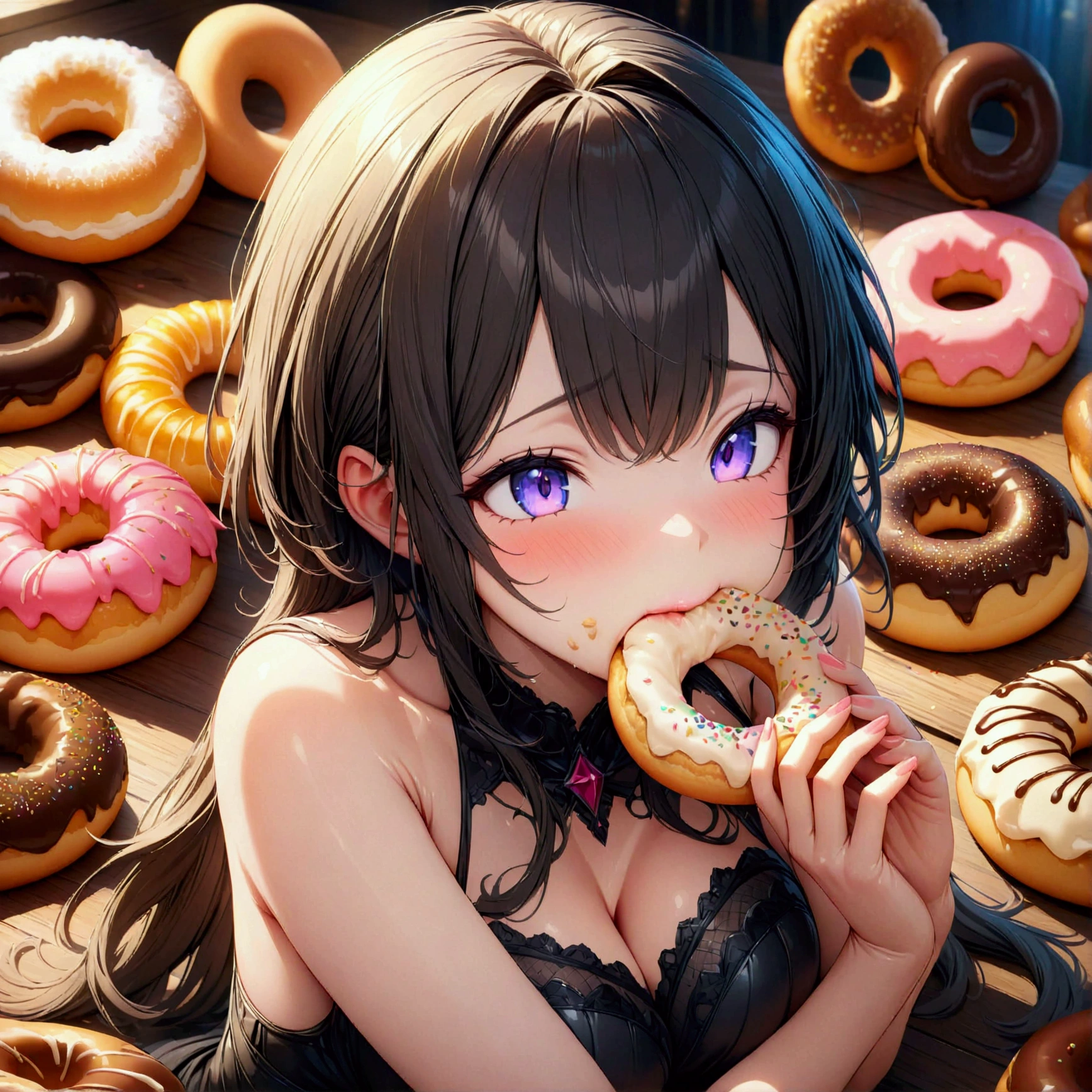 (eating donut), (masterpiece:1.2), 最high quality, high quality, (Super detailed), 4K, High resolution, Highly detailed CG, (bite, satisfaction, content, Grab and eat, donut),