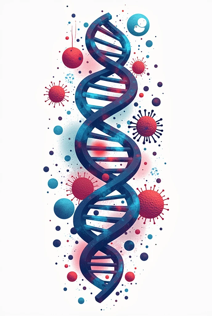 Could you make me an image like a logo or a shape that would be for a print on a robe?. That is related to biochemistry and microbiology, like a dna with something else and stuff like that. Please make the background white and only the print appear.. It could be bacteria or virus too. Microscopes or things like that. Let the print have pretty colors and be very eye-catching with innovative designs.