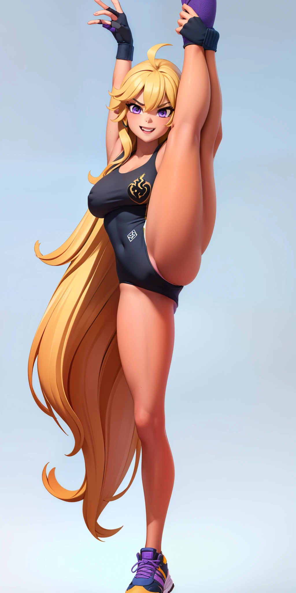 score_9, source_cartoon, 1girl, solo, yang xiao long, looking very happy, long hair, blonde hair, cute purple eyes, nude, detailed nipples,  detailed vagina, sneakers, short stature, very large breasts, standing splits
