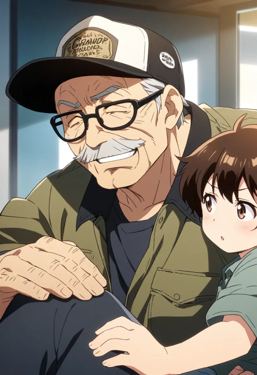 anime, two people, one old man with a trucker hat, the other is a male with short dark brown hair and black rimmed glasses, Grandpa and Grandson