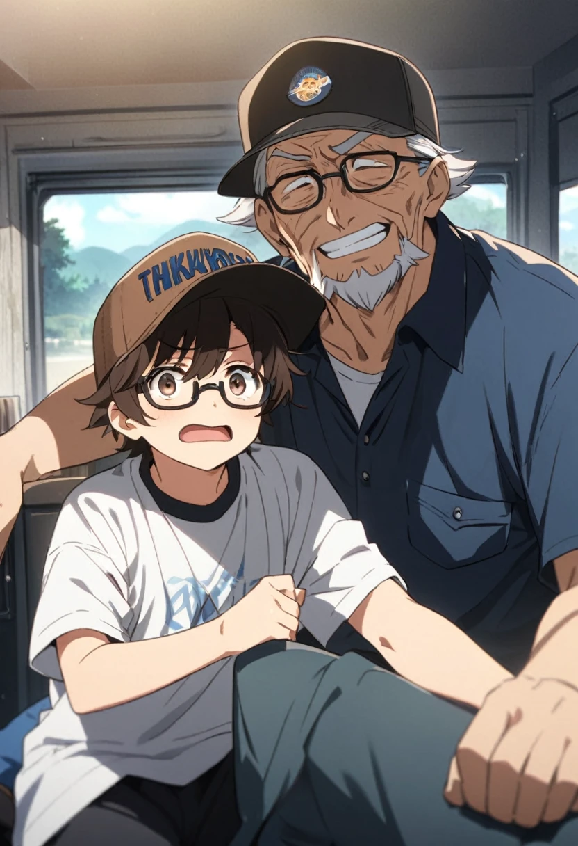 anime, two people, one old man with a trucker hat, the other is a male with short dark brown hair and black rimmed glasses, Grandpa and Grandson