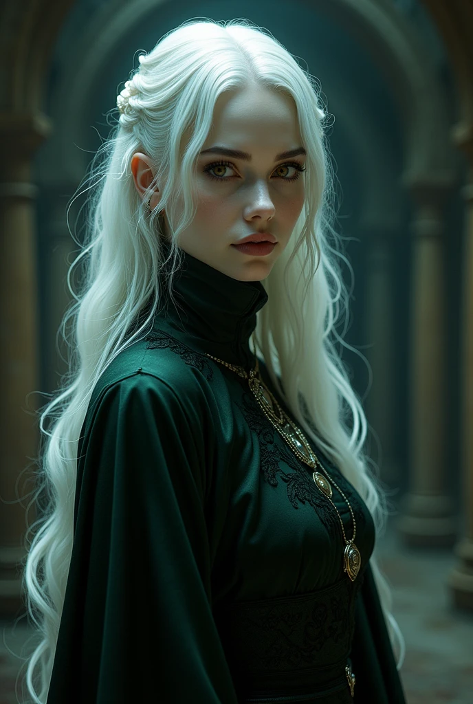 a woman, with white hair, Slytherin clothes, brown eyes, albino skin