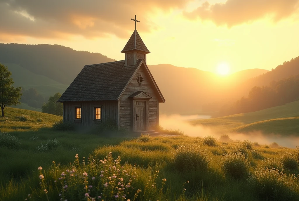 An image of a small country church at sunrise, with the light of the morning sun casting a golden glow over the building, representing the dawning hope and strength found in Christ every day."