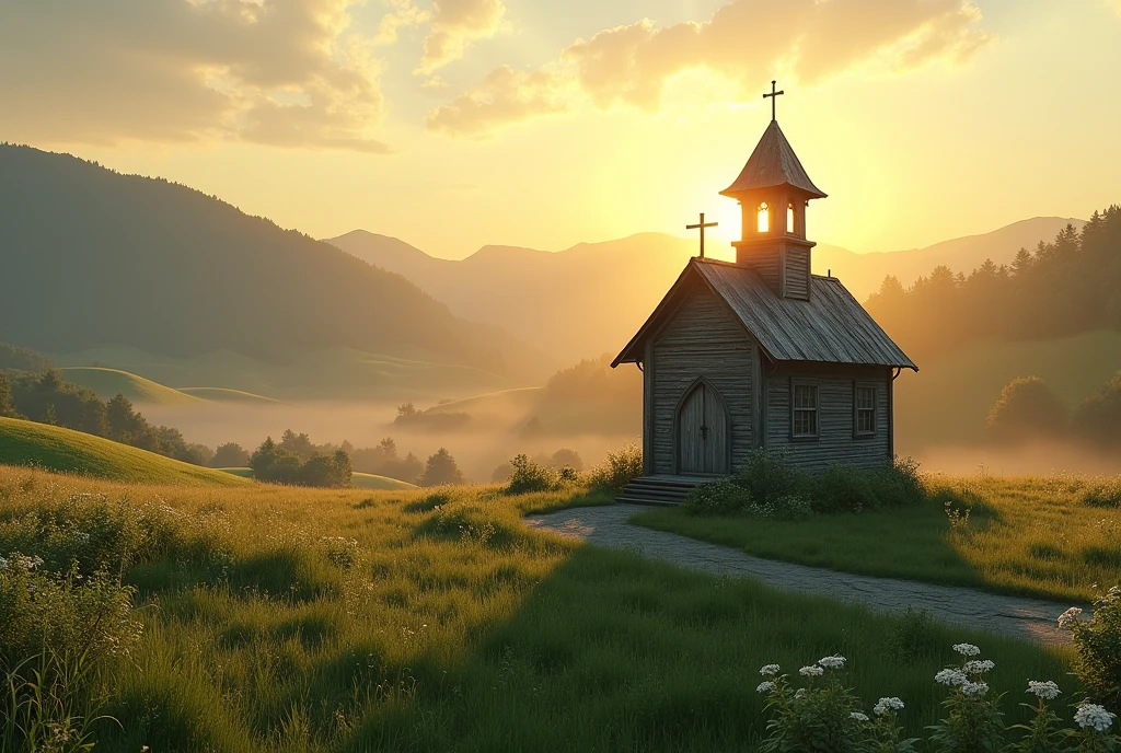 An image of a small country church at sunrise, with the light of the morning sun casting a golden glow over the building, representing the dawning hope and strength found in Christ every day."