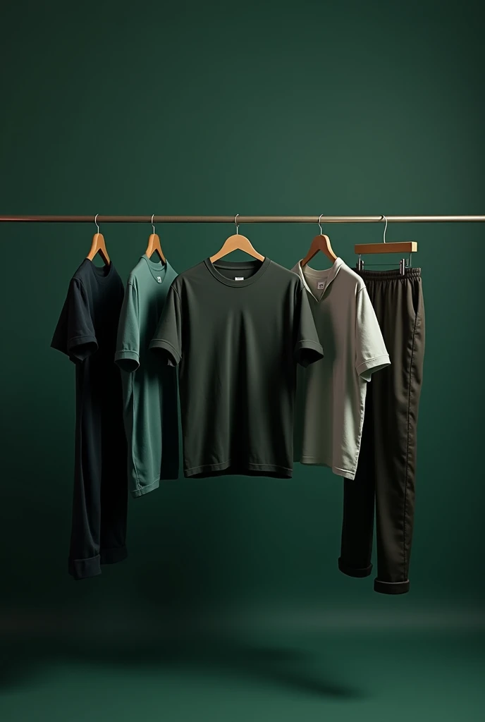 Create an image where some men's clothes like t-shirt, shirt, pants are hanging. this image background is dark green. 