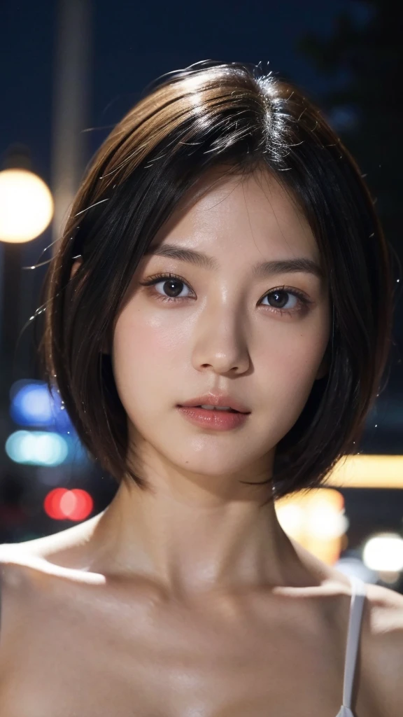 Model actress、One Woman、cool、Japanese and half European、Close-up of face、30 generation beauty、Realistic Skin、night、Outdoor、summer、short hair