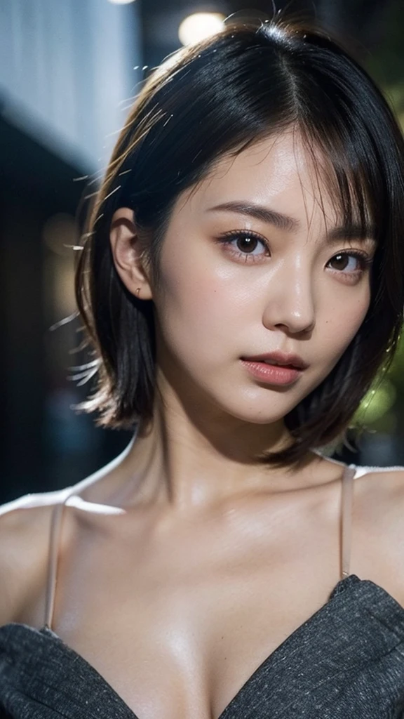 Model actress、One Woman、cool、Japanese and half European、Close-up of face、30 generation beauty、Realistic Skin、night、Outdoor、summer、short hair