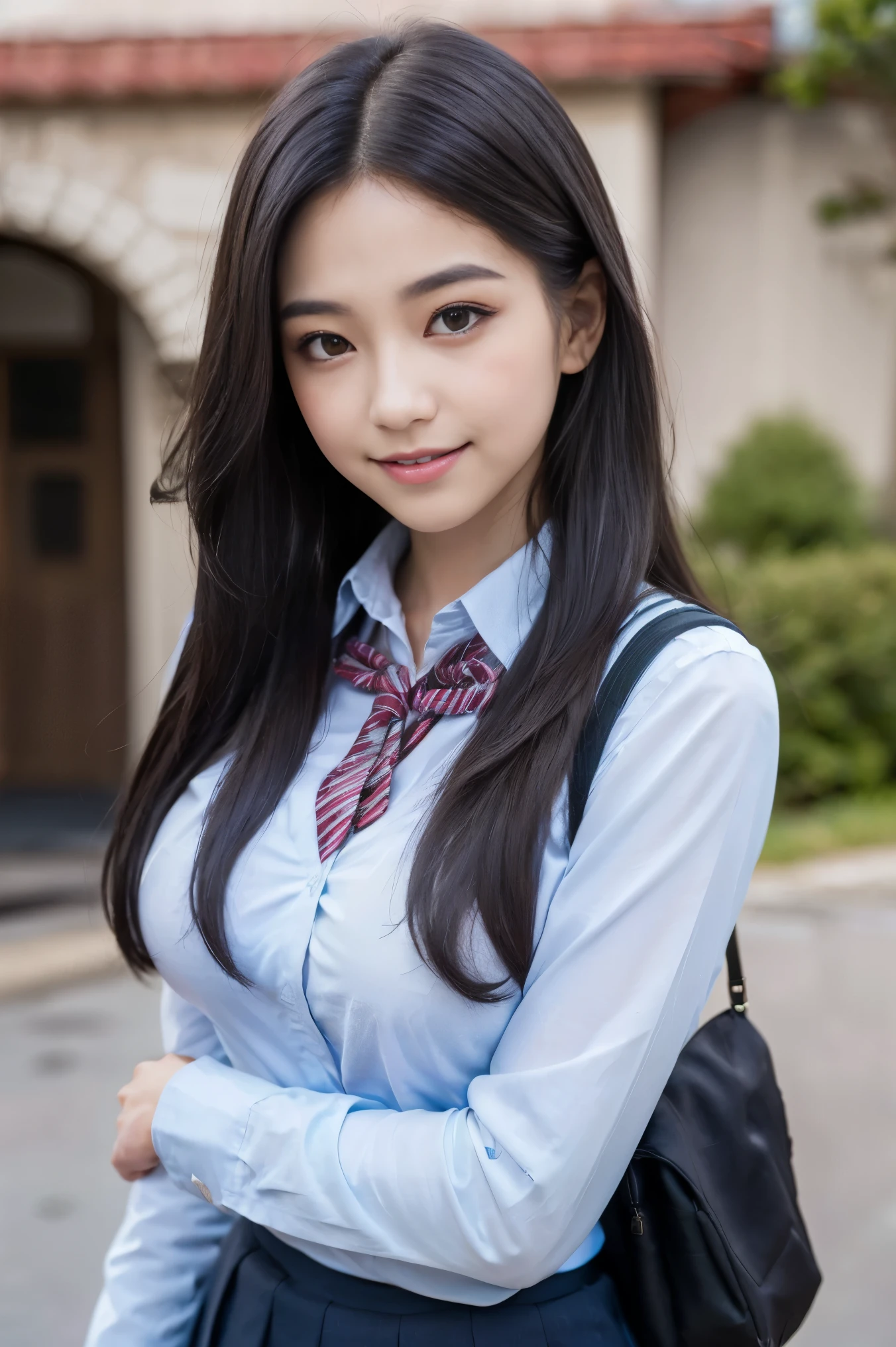 resolution, 1 girl, looking at the viewer,young beautiful japanese woman, super cute face, gorgeous appearance, big breasts,long bob hair,smile,(school uniform:1.3),beautiful eyes,(It&#39;s windy:1.3), Walking down a crowded street with a smile,glossy lips, double eyelids in both eyes, natural makeup, long eyelashes, Shiny and smooth light brown long bob hair, asymmetrical bangs, shiny skin, center image, High resolution, high detail, detailed hairstyle, detailed face, great movie lighting, octane rendering, lively, surreal, perfect limbs, perfect anatomy, Spreading hair、Slender beauty:1.4、((saggy breasts:1.4))、Breast exposed、Slim abs、Narrow waist、(smile:1.2) 、(pleated mini skirt、Tuck up the hem of your skirt:1.2))、Slender and long beautiful legs、Open your feet wide、(Sheer black stockings:1.2)、(lace panties:1.2、Beautiful pussy exposed、Take off、pussy creampie、pubic hair:1.1)、(from below:1.2)、Backlight、