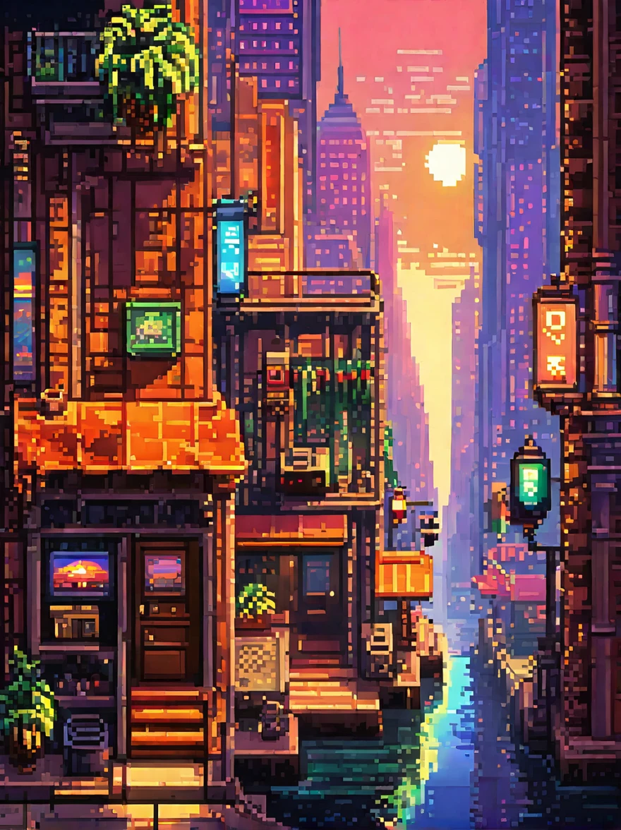 retro vintage game, classic 8-bit pixelated video game, sunset, Thu, detailed pixel art, detailed environmental elements, Nova York,highly detailed pixel city design, beautiful vivid colors, Immersive atmosphere, small details, nostalgia, (best quality, swirly vibrant colors, 8k, high resolution, Artwork:1.2),ultra details,(realisitic,photorealisitic,photo-realisitic:1.4),studio lighting,extremely detailed pixel art,extremly detailed face and eyes,extremely detailed pixel textures,incredibly intricate pixel-level detail,striking colors,swirly vibrant colors,lush pixel environment