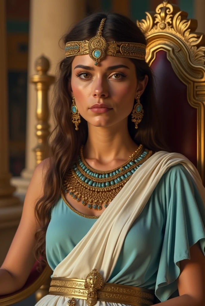 Close up shot , looking at viewer, Cleopatra queen 7 of Egypt in a ancient Egyptian palace, 15 BC, 30age old, (light brown hair, wince, half-closed Brown eyes, beautiful lip, serious), (Egyptian gold crown with
gold sneak , earrings, gold neckless), (big breasts, slender whist, wide hip) (light blue Egyptian clothes , White wear, skirt:1.5),holding one kingdom wand, sitting , gorgeous kingdom chair, noon, chair side, 1 male is standing , son of Cleopatra queen 7 ,(textured skin , HI detailed skin, foreshortening, Canon, 8k, anatomically correct, super detail, high details, highness)