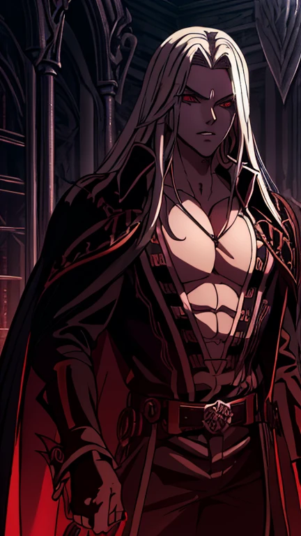 (1boy, alucardcastlevania), (extremely detailed CG unit 8k wallpaper),(master part), (best quality), (ultra detail), (best illustration),(wanostyle), cowboy shot, (Sharp eyeliner, ombre, detail eyes), dark dungeon interiors background, ,break , (vamptech),