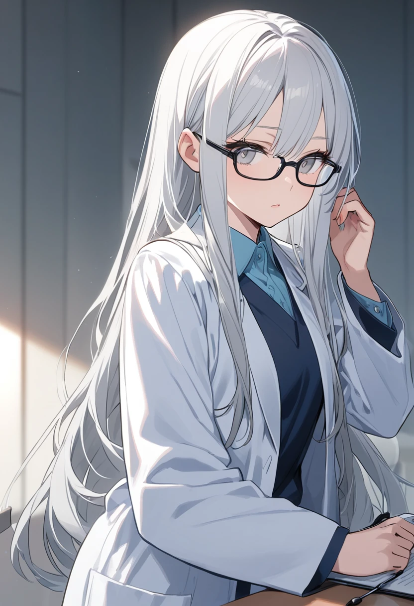 older sister, alone, White Hair, Long Hair, Glasses, Grey Eyes, Doctor&#39;s uniform, Untidy atmosphere, Tired face, Downer,