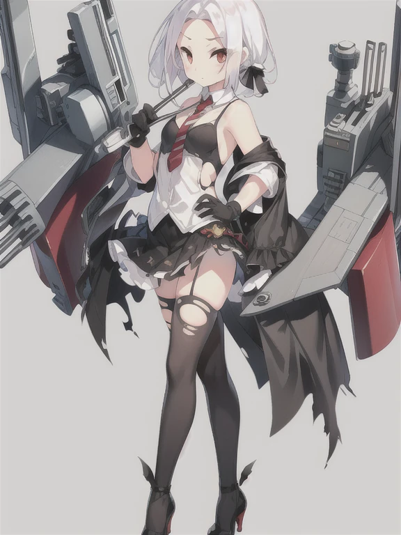 Vittorio_Veneto \(warship girls r\),((masterpiece)),(((best quality))),((ultra-detailed)),((illustration)),((disheveled hair)),((frills)),(1 girl),(solo),1girl, animal, armpits, bangs, bare shoulders, black bow, black footwear, black gloves, black legwear, black skirt, bow, braid, breasts, burnt clothes, cat, chair, closed mouth, collared shirt, cup, damaged, dog, eyebrows visible through hair, floating hair, full body, gloves, gradient, ***, hair bow, hair ribbon, hand on hip, high heels, holding, holding cup, jacket, short hair, long sleeves, looking at viewer, necktie, red eyes, ribbon, saucer, shirt, shoes, sidelocks, skindentation, skirt, sleeveless shirt, solo, standing, striped, teacup, thighhighs, thighs, torn bike shorts, torn cape, torn clothes, torn dress, torn gloves, torn jacket, torn legwear, torn leotard, torn pants, torn shirt, torn shorts, torn skirt, torn sleeves, torn swimsuit, white hair, white shirt