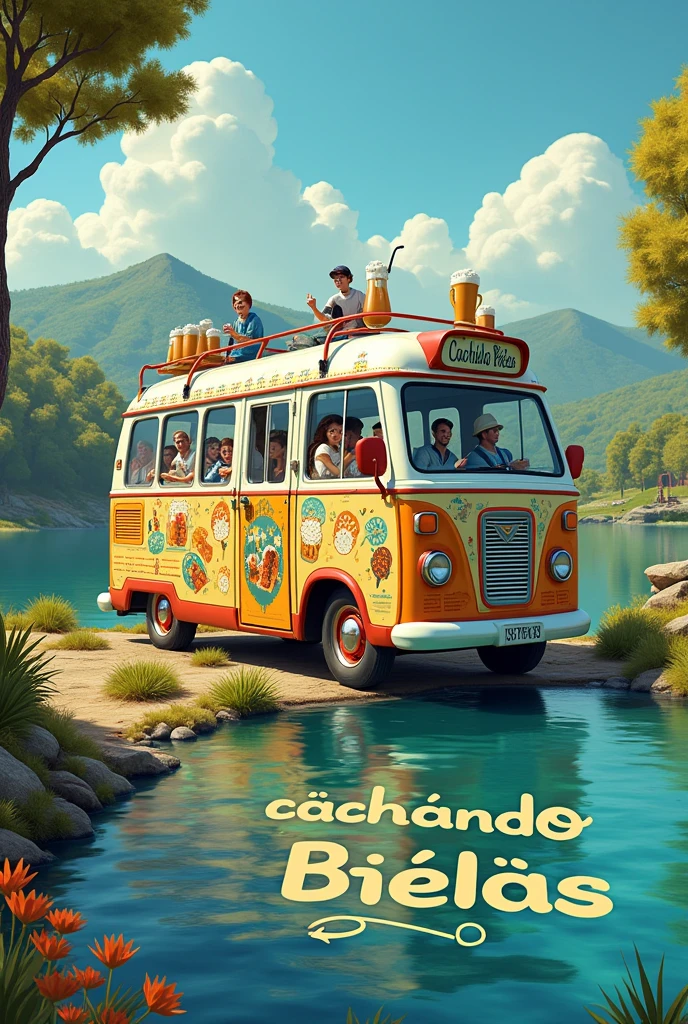 You can make an image where there is a tourist bus painted with a beer theme and a lake that has the words cachando bielas