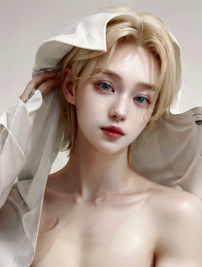 Hazel eyes, blonde hair, pale skin, heart shaped lips, freackles