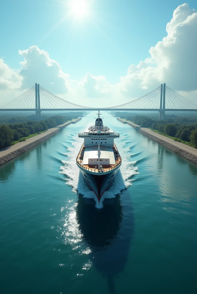 A Panama Canal ship on the water, In the background you can see the Bridge of the Americas from the front and divide the image into four with lines