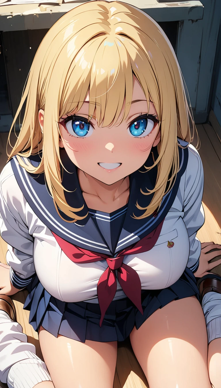 (Highest quality:1.2, 4K, 8k, Studio Anime, Very detailed, up to date, Vibrant, Attention to detail, High Contrast, masterpiece:1.2, Highest quality, Best aesthetics), (((1 person))), Sit and pose, ＪＫ, Sailor suit, Pleated skirt, loose socks, loafers, Open your mouth a little:1.2, smile, Dynamic Angle, look up:1.3, Friendly atmosphere, Beautiful blonde, Shiny Hair, Beautiful Skin, Detailed face and eyes, Glossy Lips, Curvy Women, Striking contrast,