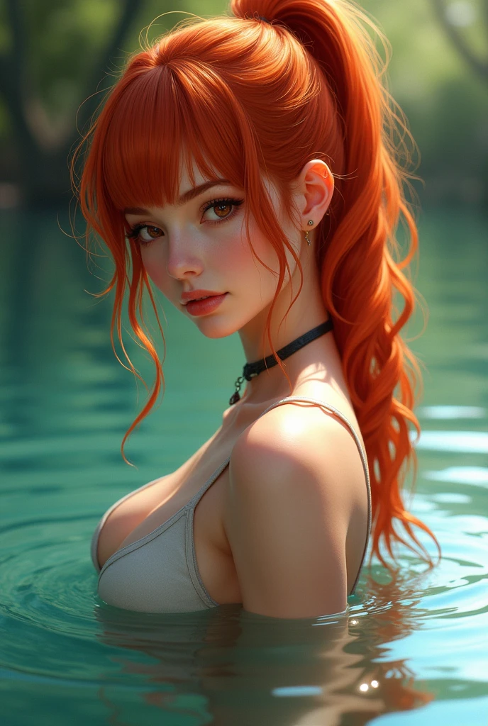 a girl of average height and a slim, athletic physique. She has red hair usually tied in a high ponytail., with a fringe that falls softly over the forehead and voluptuous in a lake