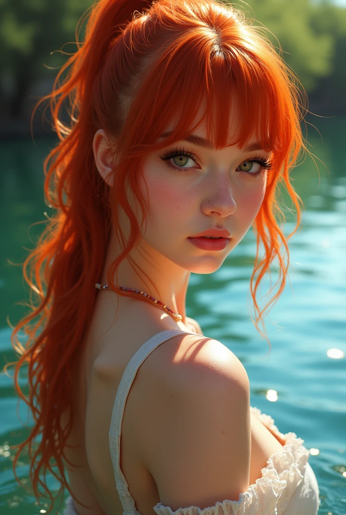 a girl of average height and a slim, athletic physique. She has red hair usually tied in a high ponytail., with a fringe that falls softly over the forehead and voluptuous in a lake