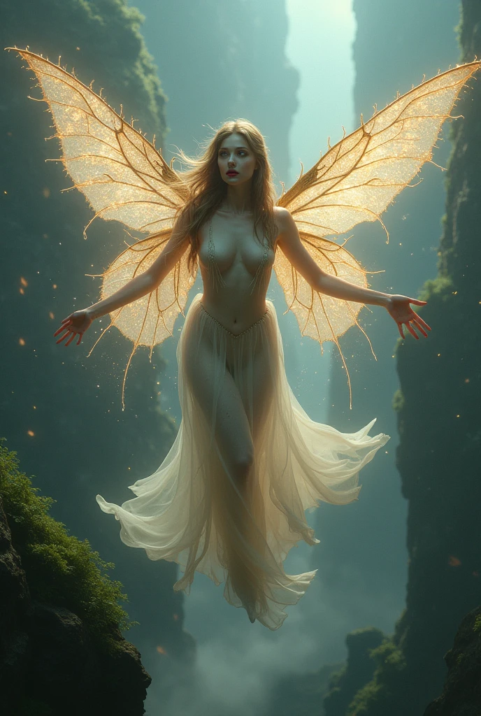 Create a beautiful vampire fairy with translucent wings and let her emanate energy flying over Pangea, fancy 