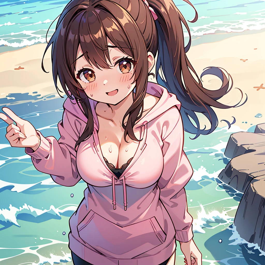 ((Highest quality, High resolution, Pixel perfect, 4K)), (Beautiful Anime), Written boundary depth、
Observe the audience,
Perfect body,
yuigahama yui, Brown eyes、Detailed eyes、
(Big Breasts:1.3)、
Focus on the chest、
ponytail、(Pink hoodie)、Very good, Cleavage、
smile、(Sweat、blush:1.1)、
Beach、