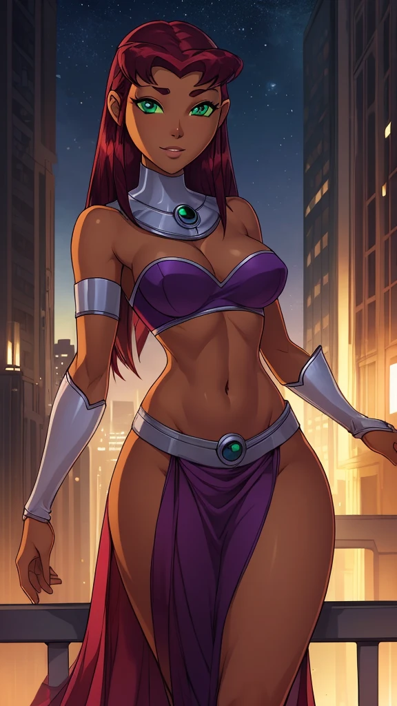 ((ultra quality)), ((Masterpiece)), Starfire, ((dark red hair)), (Beautiful face), (beautiful female lips), (), charming, ((Innocent expression)), looking at the camera smiling softly, eyes closed a little, (dark skin color), (dark skin), glare on the body, ((detailed beautiful female eyes)), ((Green eyes)), (juicy female lips), (), (beautiful female hands), ((Ideal female figure)), Ideal female body, beautiful waist, beautiful hips, small breasts, ((subtle and beautiful)), stands temptingly () background: on a tall building night city, ((depth of field)), ((high quality clear image)), (clear details), ((High detail)), realistically, professional photo session, ((Clear Focus))