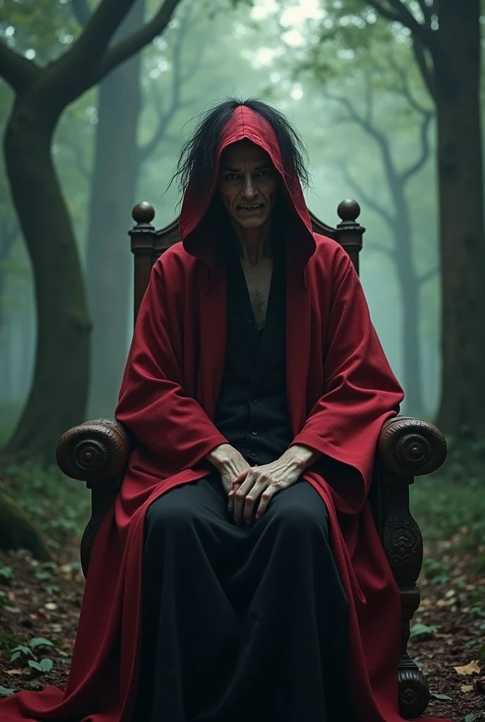 naughty man, Japanese mystic, dark brown eye, gross mouth, Scrawny, red hood, sitting down on chair, Bblack hair, height 1,63 meters, thin chin, small cheekbone, Mystical Forest Scenario, 4K High Definition, lighting on the face, immortal wizard