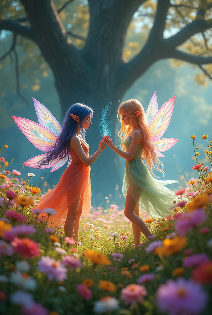 vibrant and enchanted fairy tale design. field full of colorful flowers. large old trees in the background. the size of butterflies, there are thin women with pointy ears and colored hair, holographic wings, dress of different colors, hold wands in their hands and sprinkle magical, glittering dust on the flowers