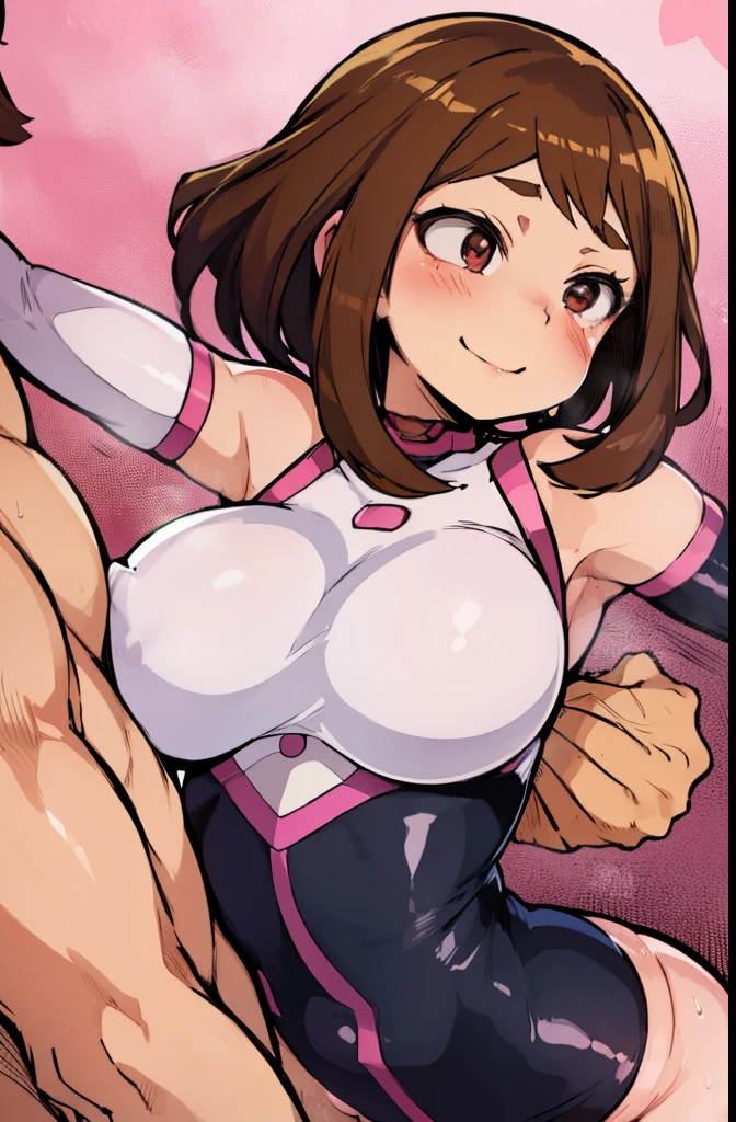 Browsing Caution:1.5,Ochako Uraraka, sorry、My hair is brown.,Naughty smile、 With eyes wide open、Bodysuits, Big Lips, outside, Curvy、((1 muscular boy, a muscular boy is grabbing girl’s breasts from behind))、Overflowing sexual fluid