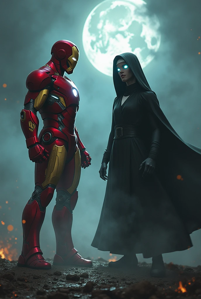 "On a dark, eerie battlefield, Iron Man from Avengers: Infinity War, clad in his red and gold nanotech armor, stands confidently with his hand raised, ready to fire a repulsor blast. Opposite him, The Nun, a ghost from.conjuring universe, emerges from the shadows, her ghostly figure draped in a dark, tattered habit, her malevolent eyes glowing with supernatural power. The two characters face each other in an intense showdown, with swirling fog and a faint, ominous moonlight casting long shadows on the ground."