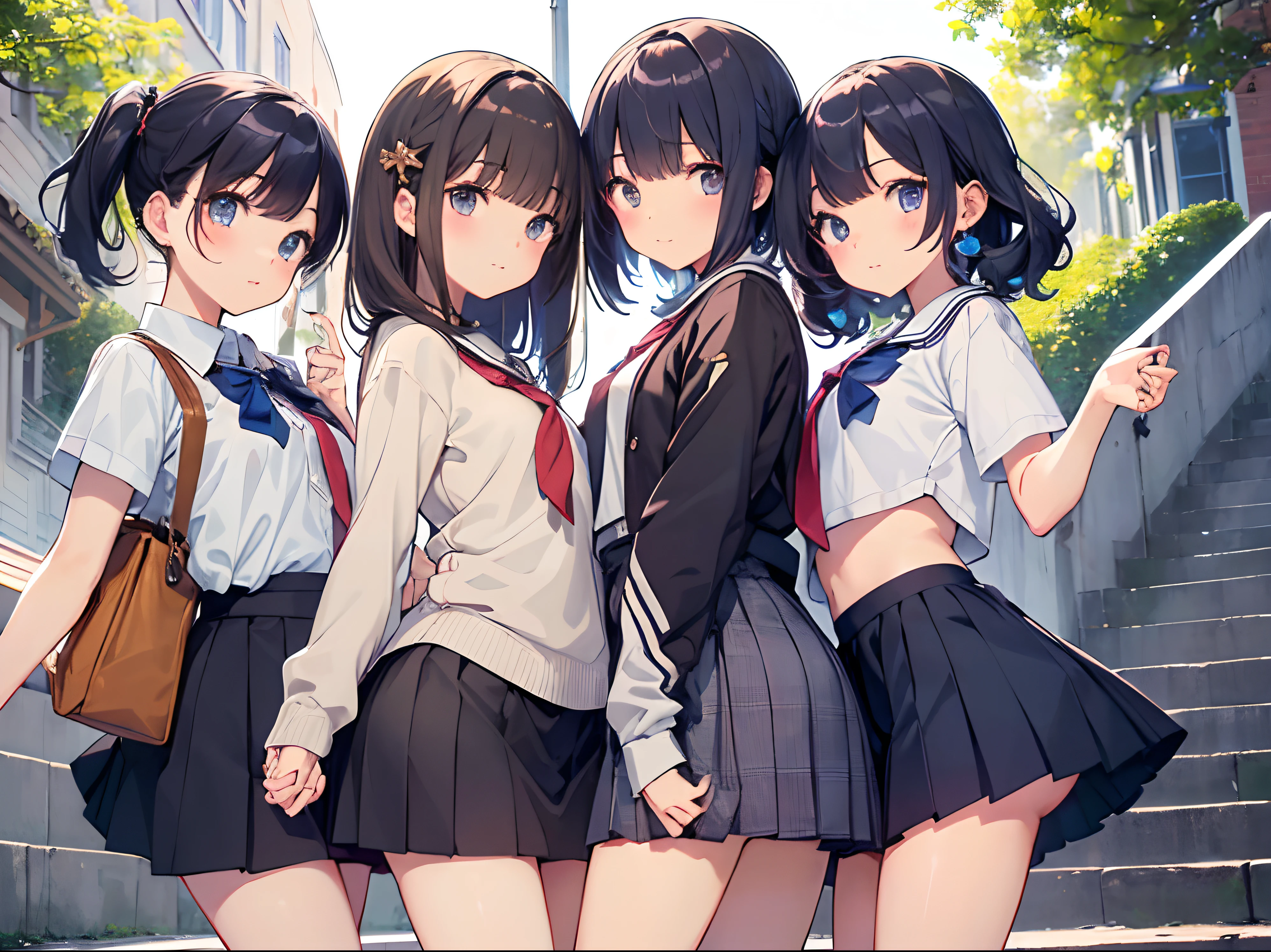 (Highest qualityのイラスト:1.2), (cute:1.1), (Four Girls、Alongside、Cowboy Shot),School、School、Coming down from the top of the stairs、Alongside歩く、((Shooting from below:1.2、Low angle、Under the skirt))、 (4 Girl、、Mature、cute、Mid-chest、Ultra-detailed目:1.2)、Schoolの建物、high school girl、High School Uniform、mini skirt、Thighs Thighs Thighs Thighs、(((I can see your pants、The strong wind twists the skirt、Under the skirt,Browsing Caution:1.1)))、(((Positive)))、Facing this direction、please sit down、Laughter、friend、Hand in hand、hug、Bold Pose、Sexy pose、Schoolの建物、Blake Black Hair、Blue Hair、Brown Hair、Very short hair、short hair、Mid-length hair、Hair length、Wavy Hair、Curly Hair、Hime cut、Bobcut、Twin tails、低いTwin tails、ponytail、ライトブルーのローponytail、 break(Highest quality、Ultra-detailed、Very detailed and beautiful、Ultra-high resolution、Detailed arms:1.2)
