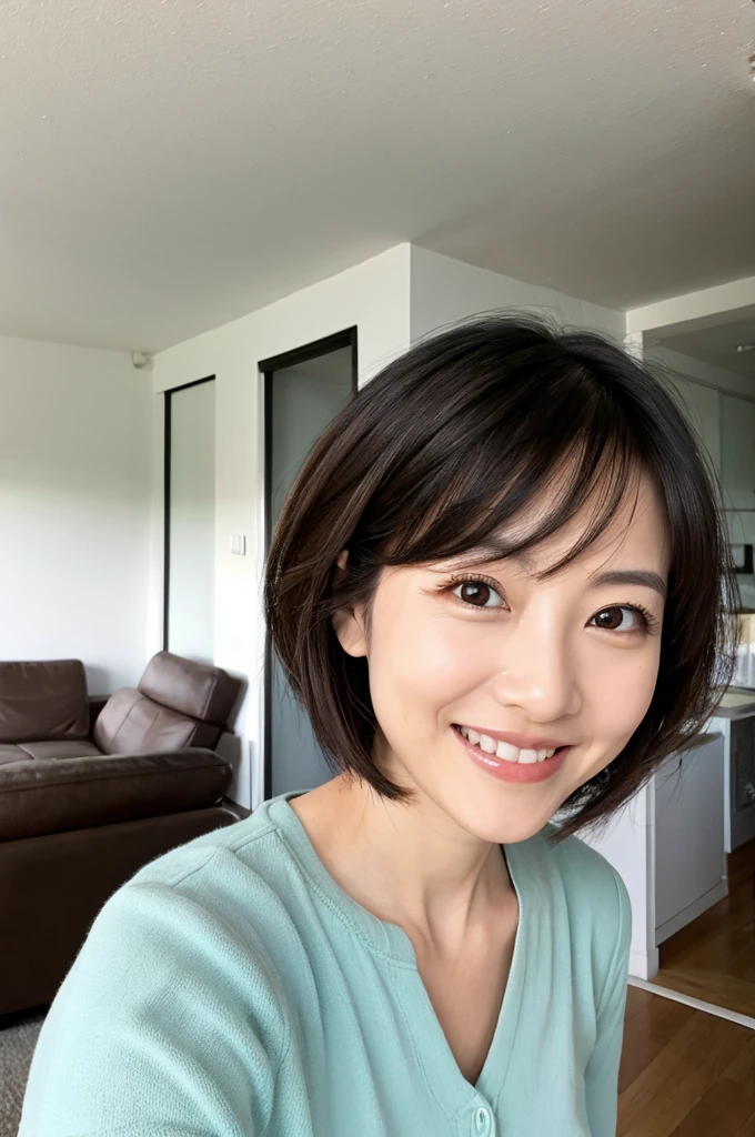 43 years old woman A kind smile Big eyes Front teeth Short Bob Hair Japanese Sexy appeal Living room background clear and sharp background