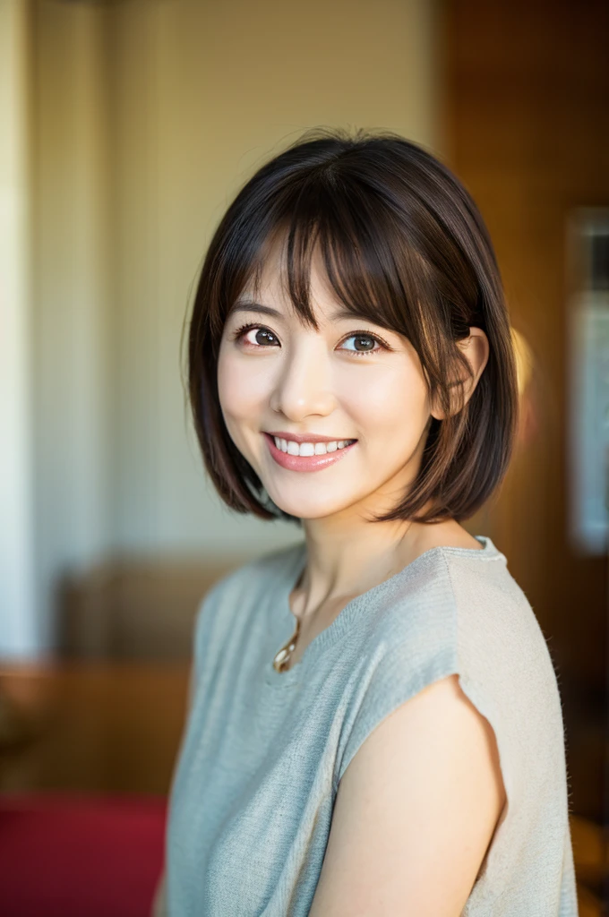 43 years old woman A kind smile Big eyes Front teeth Short Bob Hair Japanese Sexy appeal Living room background clear and sharp background