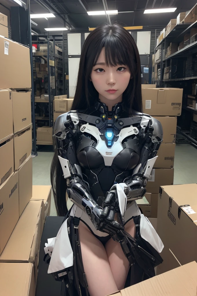 masterpiece, best quality, extremely detailed, (photorealistic:1.4), (RAW photo) (RAW photo) (8K, 4K, Best Quality, hight resolution, 超A high resolution:1.1), (masutepiece, Realistic, Photorealsitic:1.1), 1girl in, Japaese Cyborg girl,Plump , control panels,android,Droid,Mechanical Hand, Robot arms and legs, Black Robot Parts,Black hair,Mechanical body,Blunt bangs,White robotics parts,perfect robot girl,long tube,thick cable connected her neck,ceramic body ,mechanical body, head antenna,short lod antenna on the head,mechanical ear cover, mechanical costume,android,robot,humanoid,cyborg,japanese android receptionist ,white socks,mechanical chest,rolling eyes,She is packed in a box,She shipped in a box,