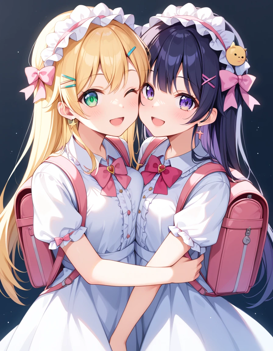 masutepiece, (2girls), Idol, different eyes color , Kawaii Tech, kawaii, Cute, Pastel colors, Best Quality, Happy, Deep background, Symmetrical, Head Tilted, smile, happy, wearing cute dress, wearing dress costume、close、cfriend、Hands are held next to the head、different height body, wearing school backpack