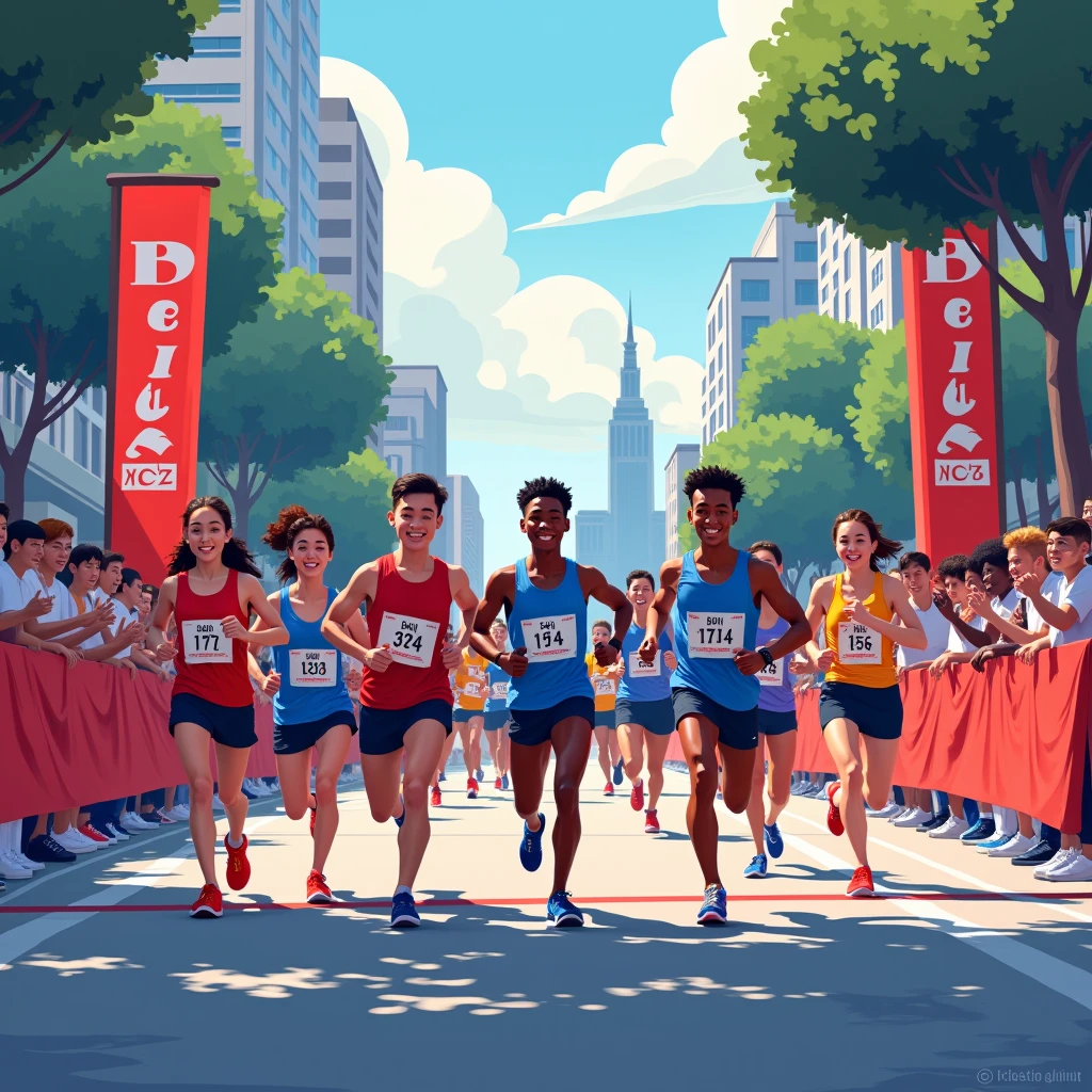 Race disclosure, track on the street, square, written sign "Betim Runners", red and blue colors, city background, date on plate 17/11/24, athlete chest number, medal, trophy, many athletes,