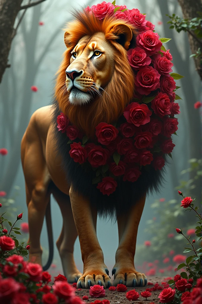 Create me a lion with a mane of red roses