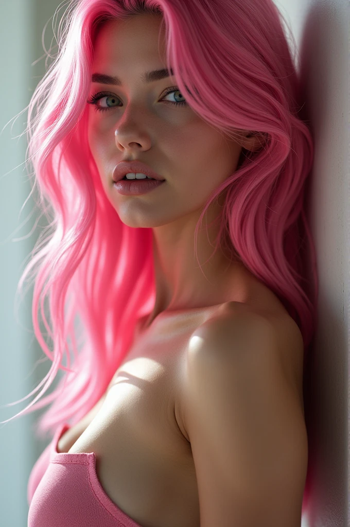 Half naked girl with pink hair