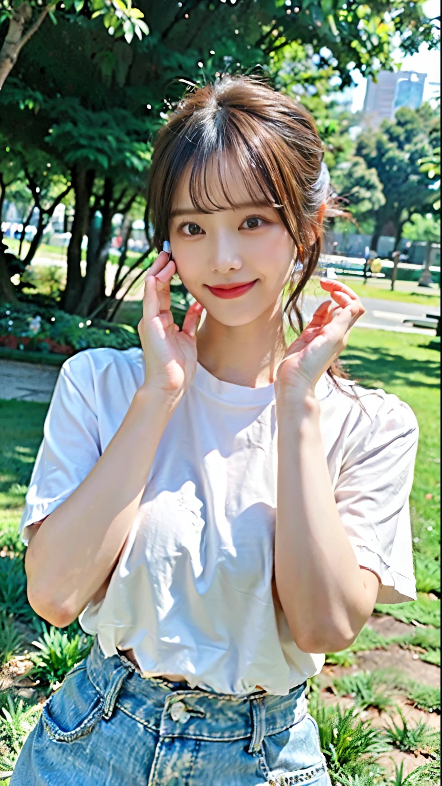 (Highest quality, 8k, 32K, masterpiece, Ultra-high resolution: 1.2), 1 person, Beautiful Japanese Women,(cute)、 Tight waist, Wide leg pants, Belly button T-shirt, （Updo）、 (Pose with hands near face: 1.2), Beautiful Face, (Smile at someone you like), Standing on the grass in the park、