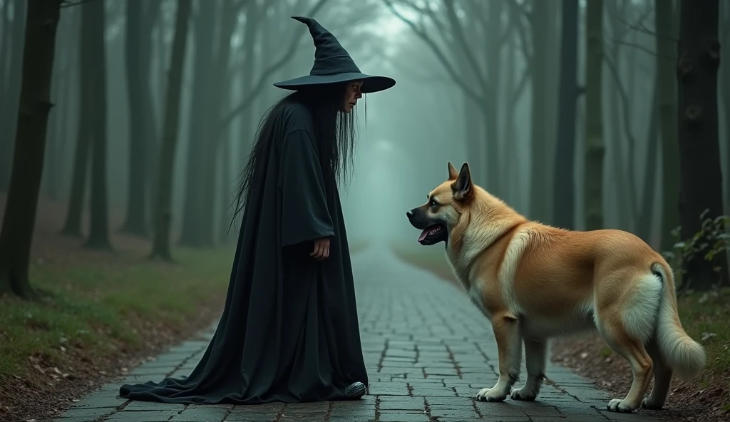 work of art, best qualityer, cinematic photo of 1 fat witch, old woman, ugly black hair, black hat , longye hair, black gown, scared of big dog, with beige fur staring and barking at the witch ferociously, on a stone road in the middle of the forest. disney
