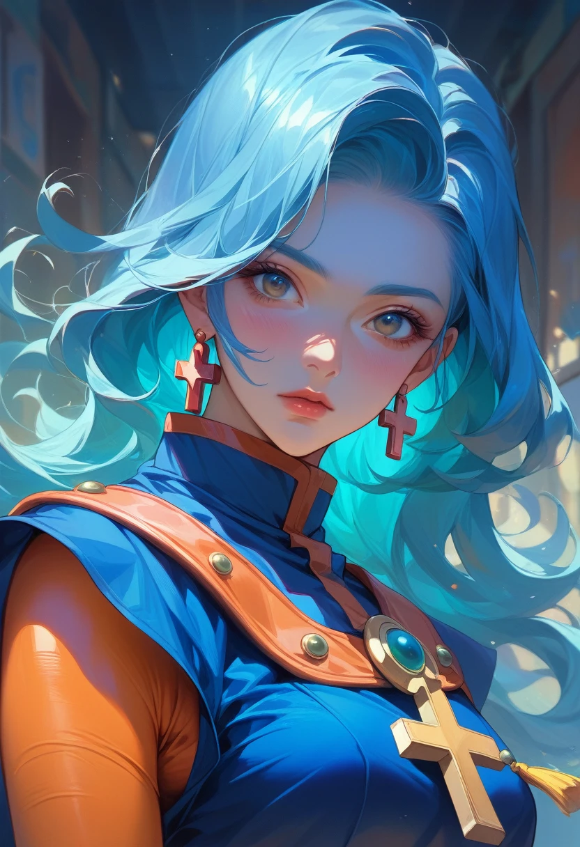 Alone、female、美female、（sauce_game、Dragon Quest 3 Monk:1.5）、（Light blue hair、Long Hair、Orange bodysuit、Yellow cross、Blue priest&#39;s robes）Masterpiece、Professional work、Professional Shading。Detailed face and eyes。(Transparent tentacles、Being attacked)、(Big Breasts:1.2)、Sweat all over、shame、My face is red with embarrassment。A little surprised look。Torn clothes、Clothes are a place々Holes and tears。Defeated、Lying on one's back。Erect nipples、((nsfw:1.5))