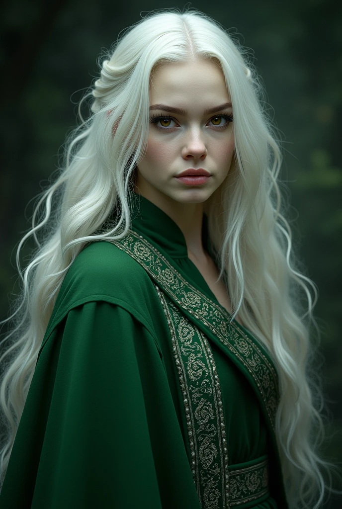 a woman, with white hair, Slytherin clothes, brown eyes, albino skin