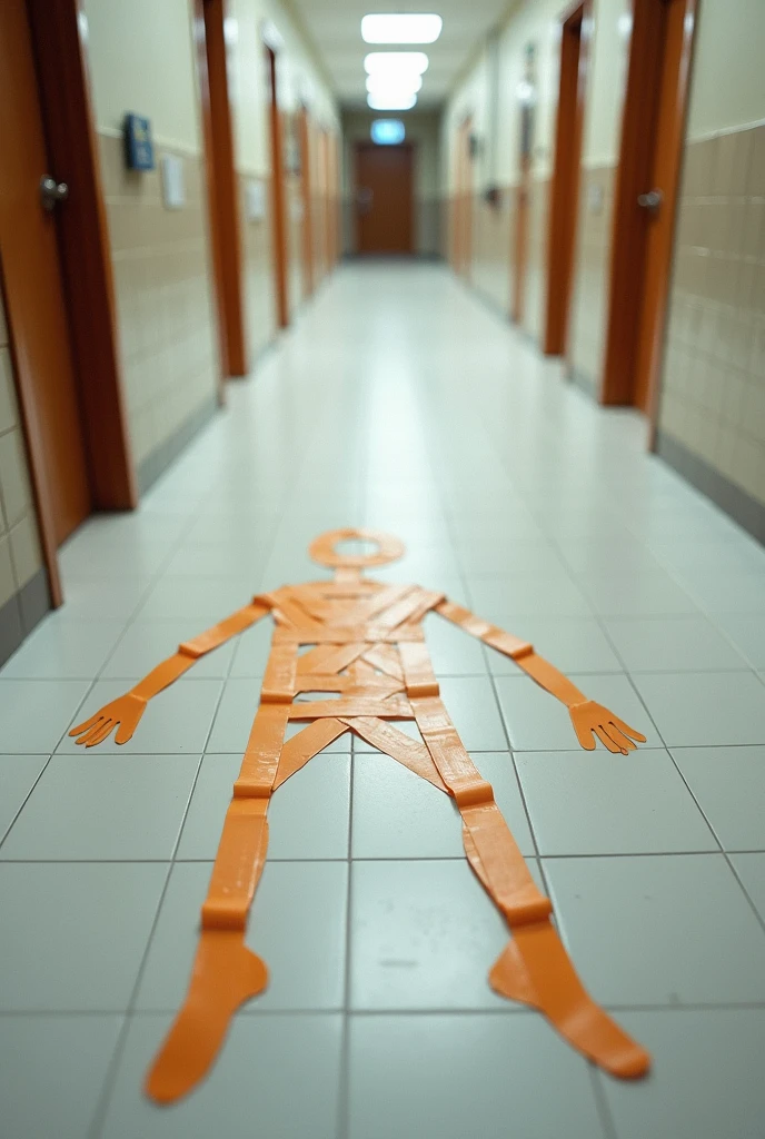 Create a person on the second floor of a school by throwing adhesive tape on the floor,something easy to be able to draw 