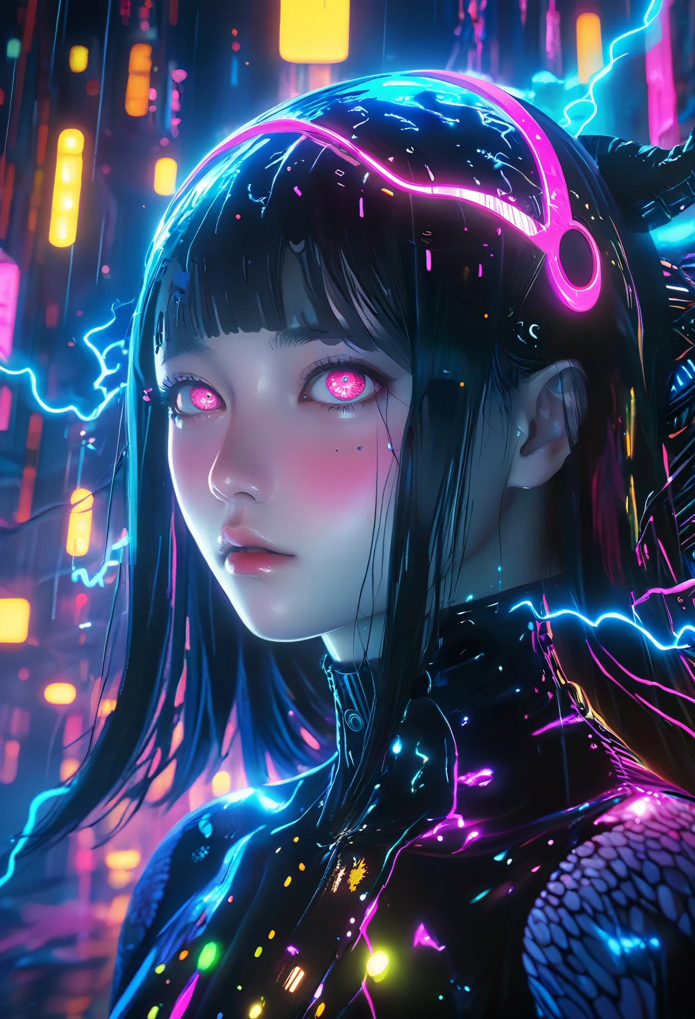 surreal horror, anime style, directed by Junji Ito, high contrast, vivid colors, eerie atmosphere, psychological tension, intricate line work, nightmarish creatures, neon horror, cyberpunk, vibrant colors, anime-inspired, bioluminescent lighting, high contrast, surreal atmosphere, detailed textures, glowing eyes, electric energy