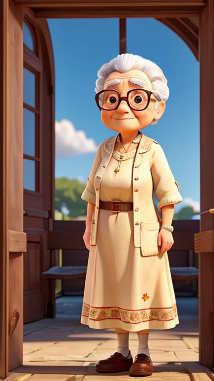 work of art, best qualityer, an old woman with glasses, in light summer dress standing in front of church