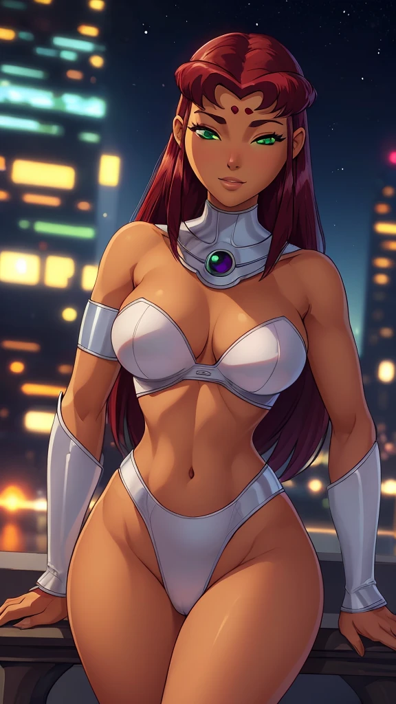 ((ultra quality)), ((Masterpiece)), Starfire, ((dark red hair)), (Beautiful face), (beautiful female lips), (), charming, ((Innocent expression)), looking at the camera smiling softly, eyes closed a little, (dark skin color), (dark skin), glare on the body, ((detailed beautiful female eyes)), ((Green eyes)), (juicy female lips), (), (beautiful female hands), ((Ideal female figure)), Ideal female body, beautiful waist, beautiful hips, small breasts, ((subtle and beautiful)), stands temptingly () background: on a tall building night city, ((depth of field)), ((high quality clear image)), (clear details), ((High detail)), realistically, professional photo session, ((Clear Focus)),nsfw