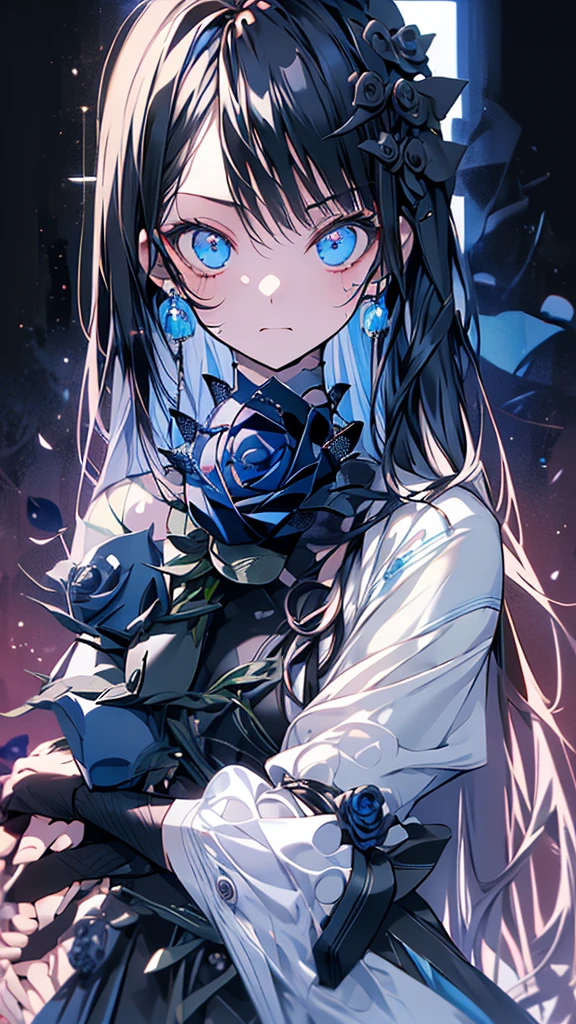 masterpiece、20 year old 1 girl、Black Hair、Long Hair、Blue eyes、Angry Face、Black suit、(((Blue Rose)))、(Rose Background)、Upper Body、((focus on her face))